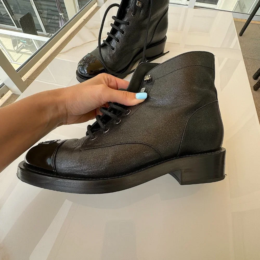 Chanel Combat Ankle Boots Black Size 38 Original Women - Picture 12 of 16